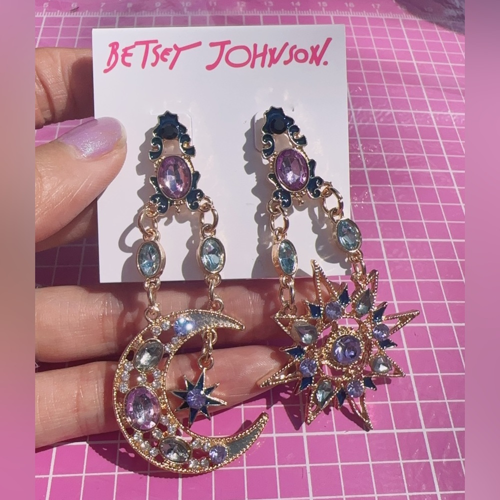 Betsey Johnson sun and moon purple white stones earrings drops gold tone - Picture 4 of 4
